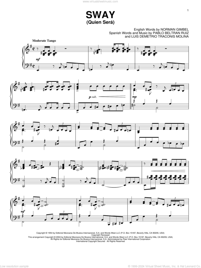 Sway (Quien Sera) sheet music for piano solo by Dean Martin, Norman Gimbel and Pablo Beltran Ruiz, intermediate skill level