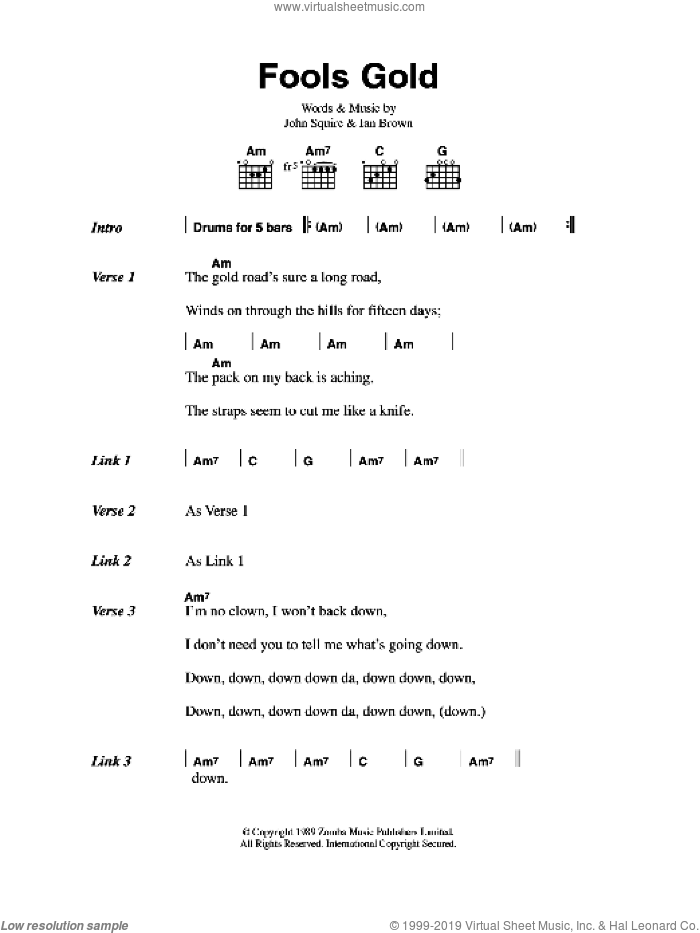 Fools Gold sheet music for guitar (chords) by The Stone Roses, Ian Brown and John Squire, intermediate skill level