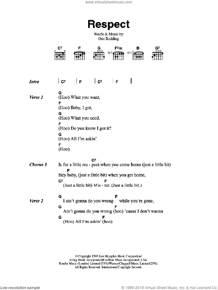 Respect sheet music for guitar (chords) by Aretha Franklin and Otis Redding, intermediate skill level