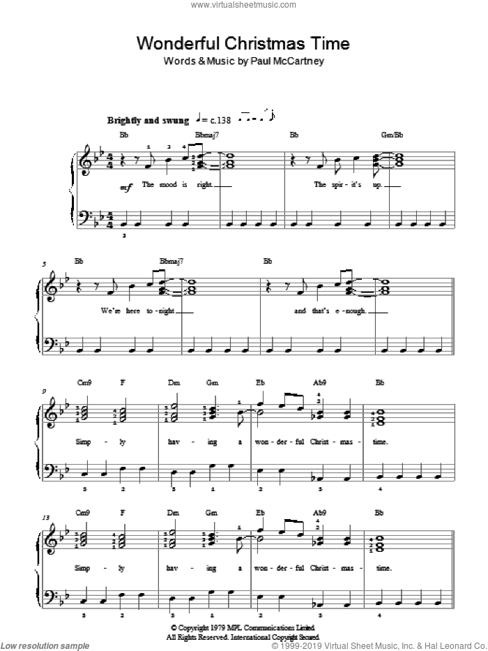 Wonderful Christmastime sheet music for piano solo by Paul McCartney, easy skill level