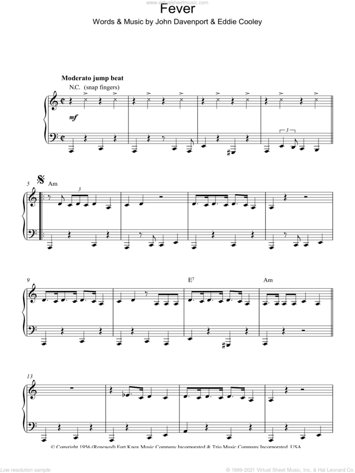Fever sheet music for piano solo by Peggy Lee, Eddie Cooley and John Davenport, intermediate skill level