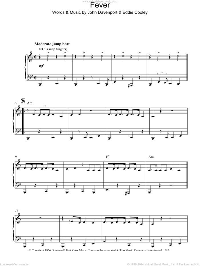 Fever, (intermediate) sheet music for piano solo by Peggy Lee, Eddie Cooley and John Davenport, intermediate skill level