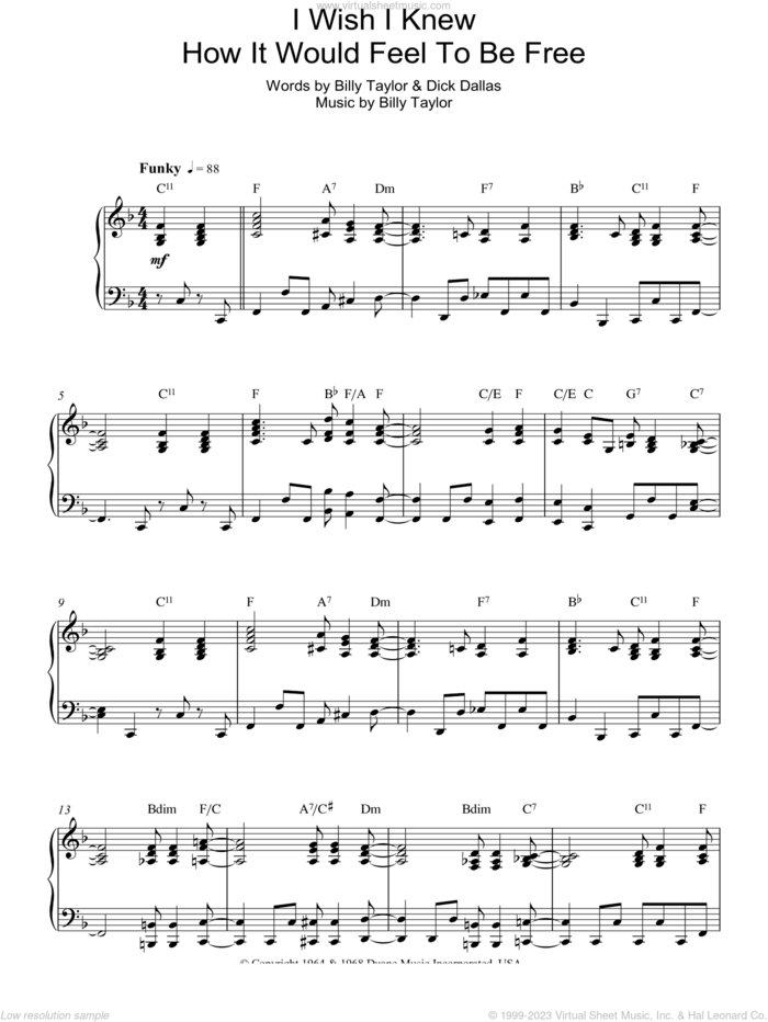 I Wish I Knew How It Would Feel To Be Free, (intermediate) sheet music for piano solo by Nina Simone, Billy Taylor and Dick Dallas, intermediate skill level