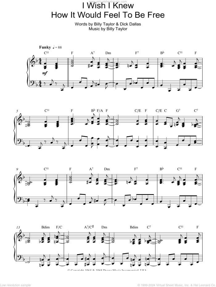 I Wish I Knew How It Would Feel To Be Free, (intermediate) sheet music for piano solo by Nina Simone, Billy Taylor and Dick Dallas, intermediate skill level