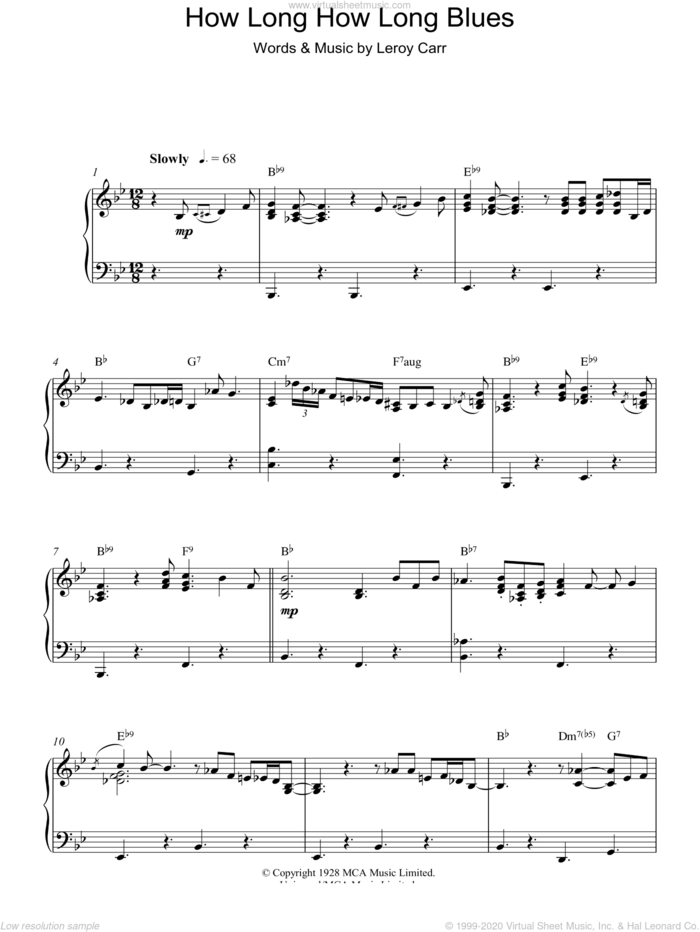 How Long How Long Blues sheet music for piano solo by Ray Charles and Leroy Carr, intermediate skill level