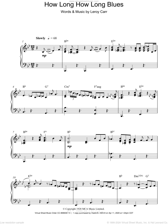 How Long How Long Blues sheet music for piano solo by Ray Charles and Leroy Carr, intermediate skill level