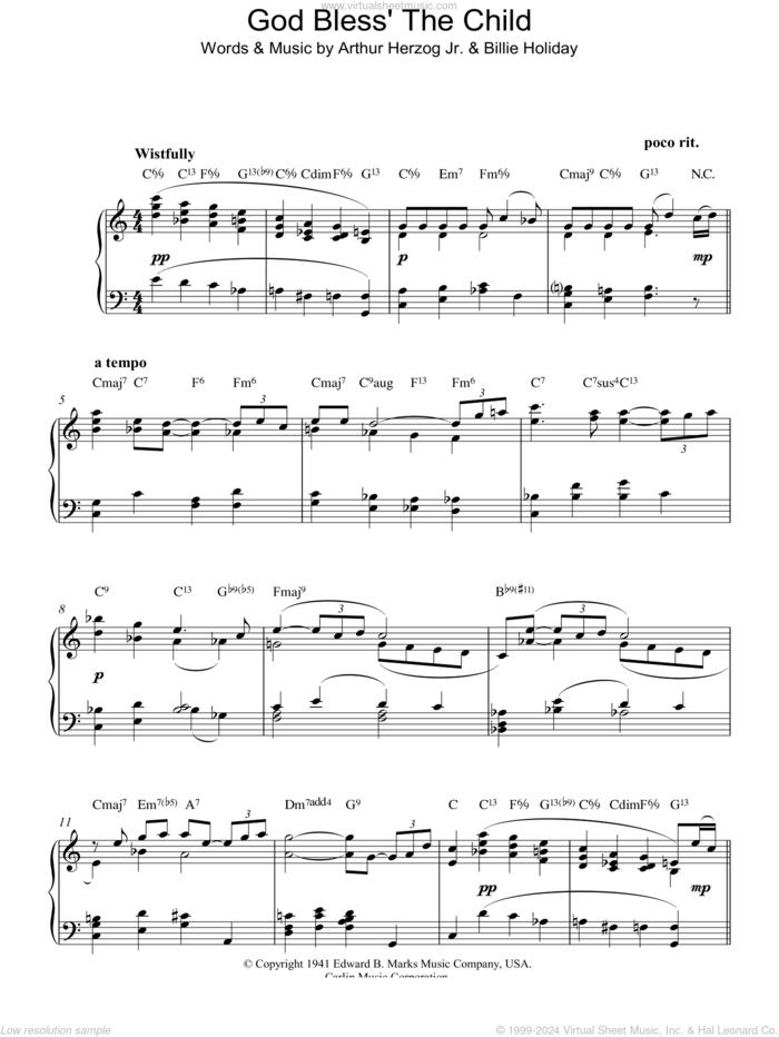 God Bless' The Child sheet music for piano solo by Billie Holiday and Arthur Herzog Jr., intermediate skill level