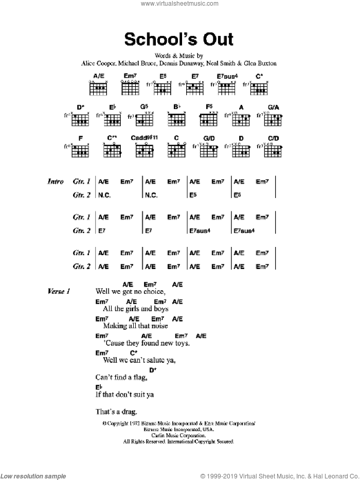 School's Out sheet music for guitar (chords) by Alice Cooper, Dennis Dunaway, Glen Buxton, Michael Bruce and Neal Smith, intermediate skill level