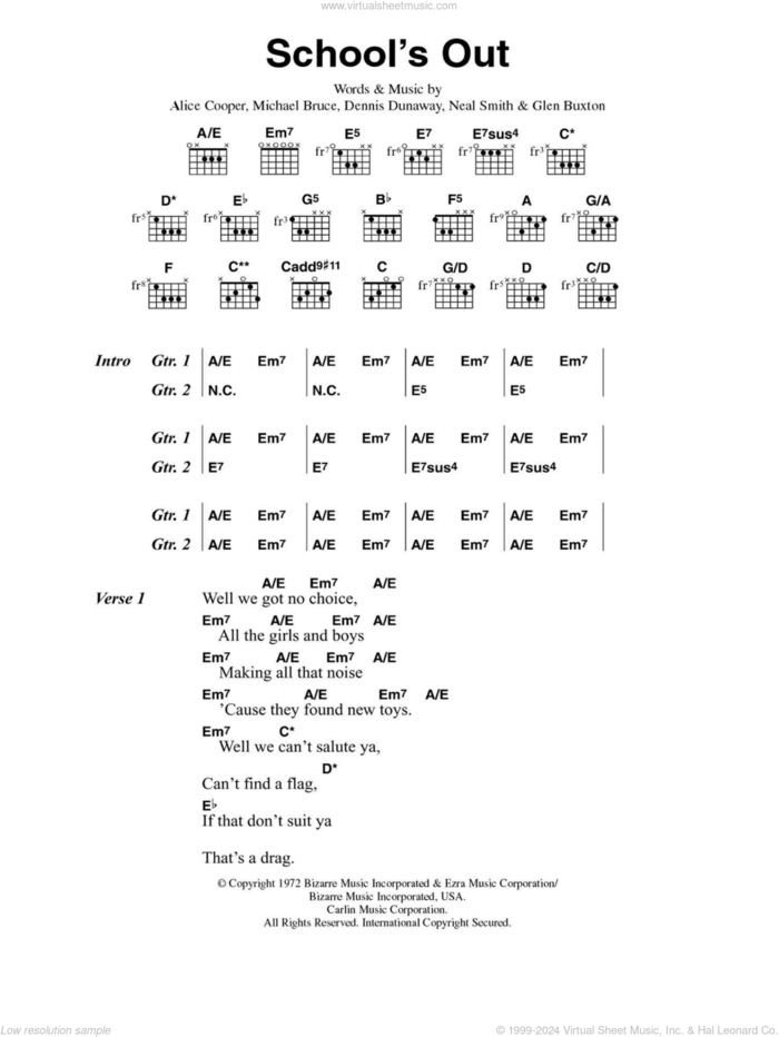 School's Out sheet music for guitar (chords) by Alice Cooper, Dennis Dunaway, Glen Buxton, Michael Bruce and Neal Smith, intermediate skill level