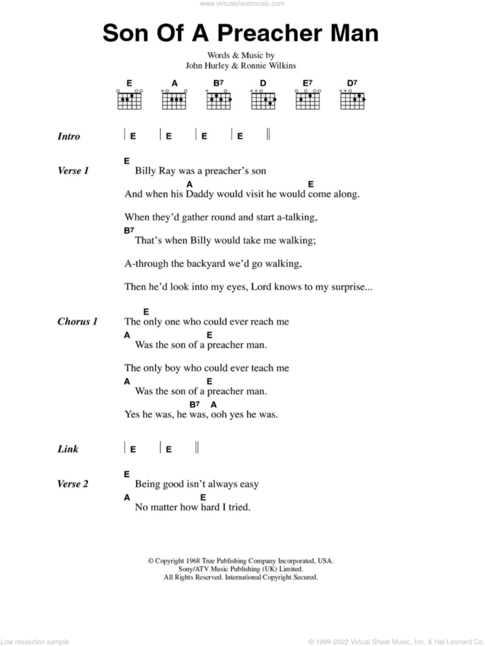 Son-Of-A-Preacher Man sheet music for guitar (chords) by Dusty Springfield, John Hurley and Ronnie Wilkins, intermediate skill level