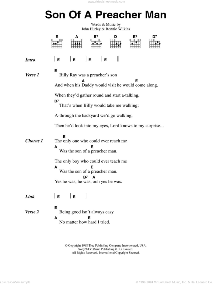 Son-Of-A-Preacher Man sheet music for guitar (chords) by Dusty Springfield, John Hurley and Ronnie Wilkins, intermediate skill level