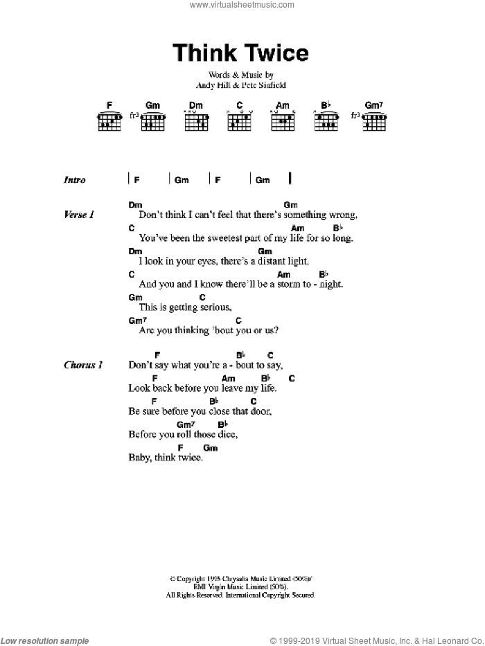 Think Twice sheet music for guitar (chords) by Celine Dion, Andy Hill and Pete Sinfield, intermediate skill level