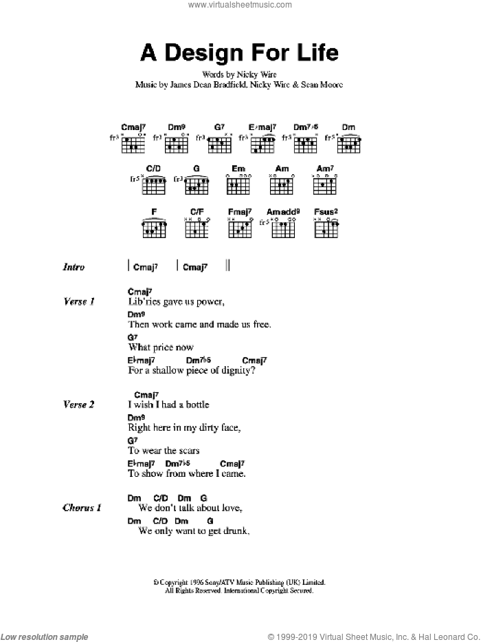 A Design For Life sheet music for guitar (chords) by Manic Street Preachers, James Dean Bradfield, Nicky Wire and Sean Moore, intermediate skill level