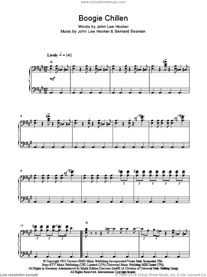 Boogie Chillen sheet music for piano solo by John Lee Hooker and Bernard Besman, intermediate skill level