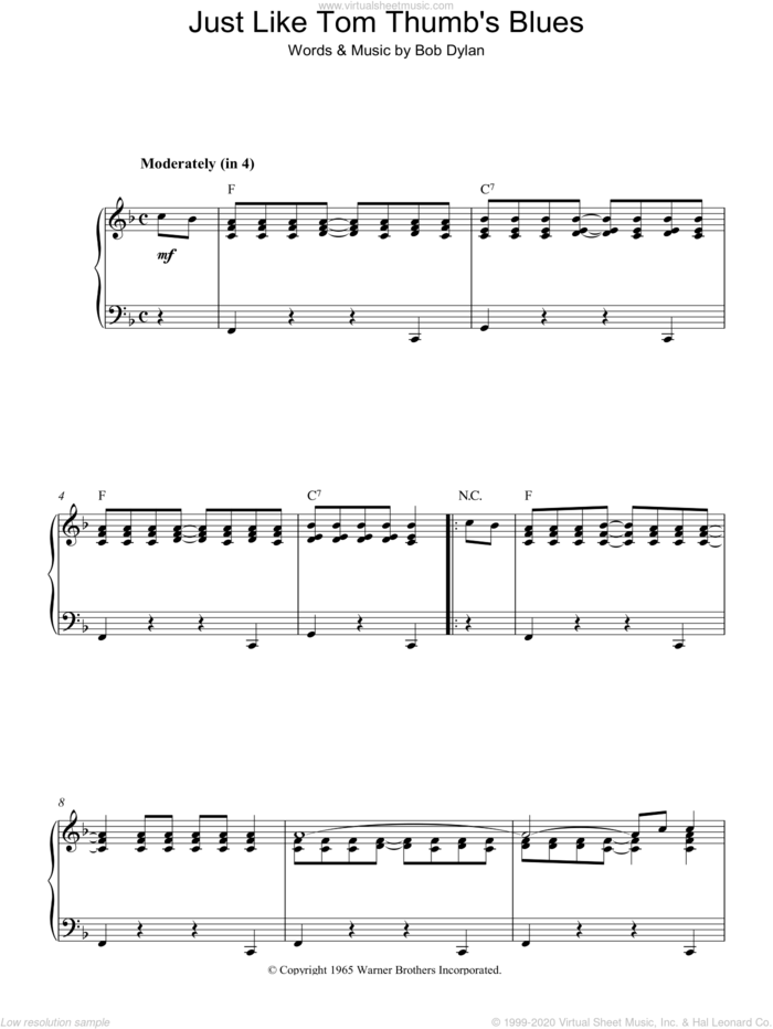 Just Like Tom Thumb's Blues sheet music for piano solo by Bob Dylan, intermediate skill level