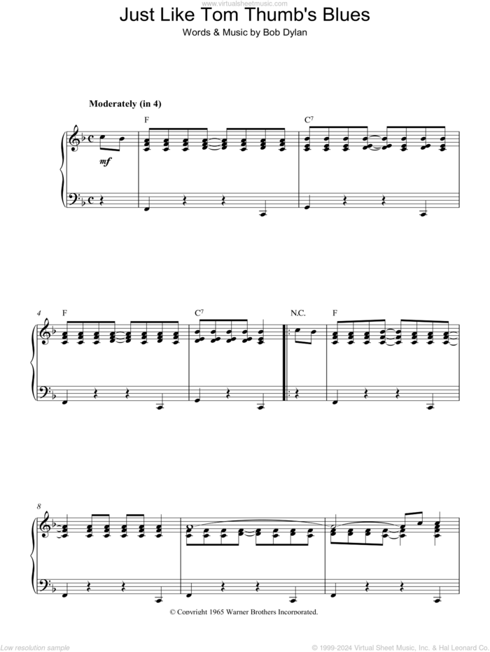 Just Like Tom Thumb's Blues sheet music for piano solo by Bob Dylan, intermediate skill level