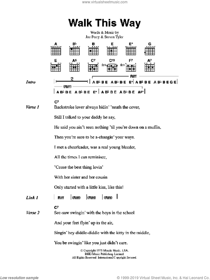 Walk This Way sheet music for guitar (chords) by Aerosmith, Joe Perry and Steven Tyler, intermediate skill level