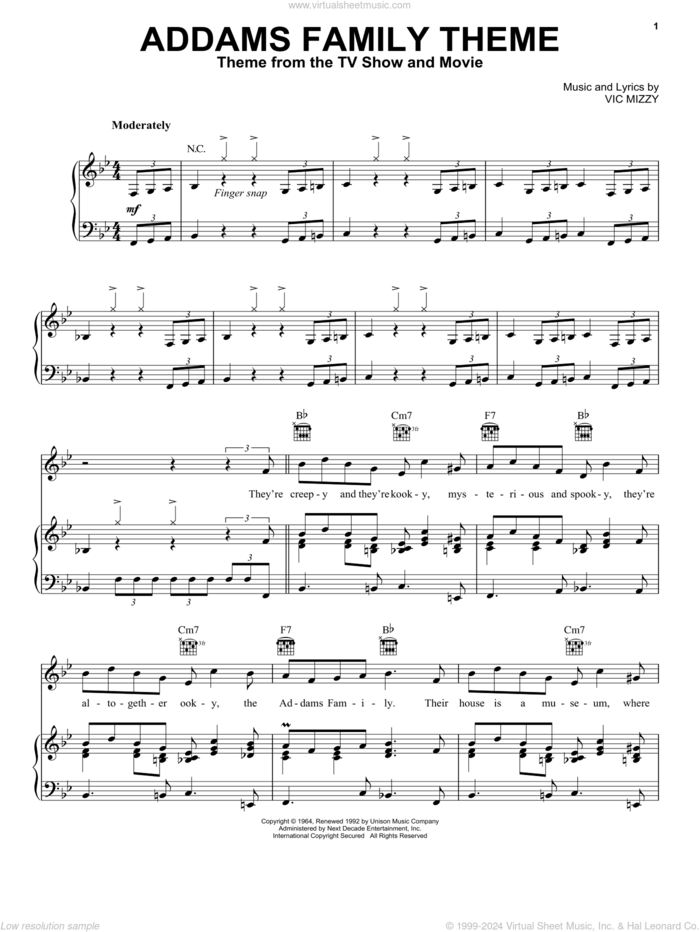 The Addams Family Theme sheet music for voice, piano or guitar by Vic Mizzy and The Addams Family (Musical), intermediate skill level