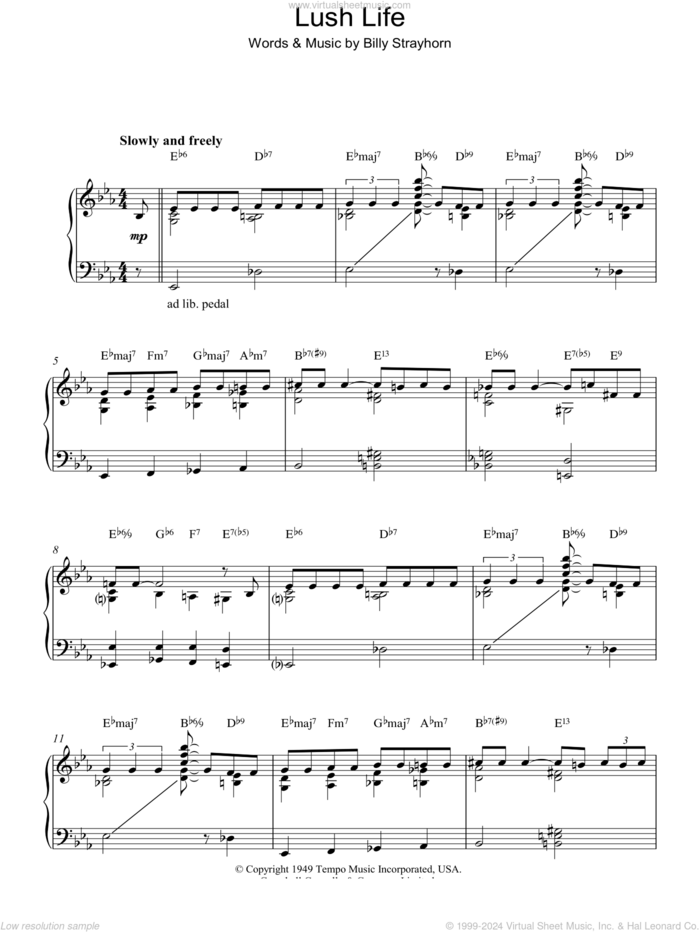 Lush Life sheet music for piano solo by Billy Strayhorn, intermediate skill level