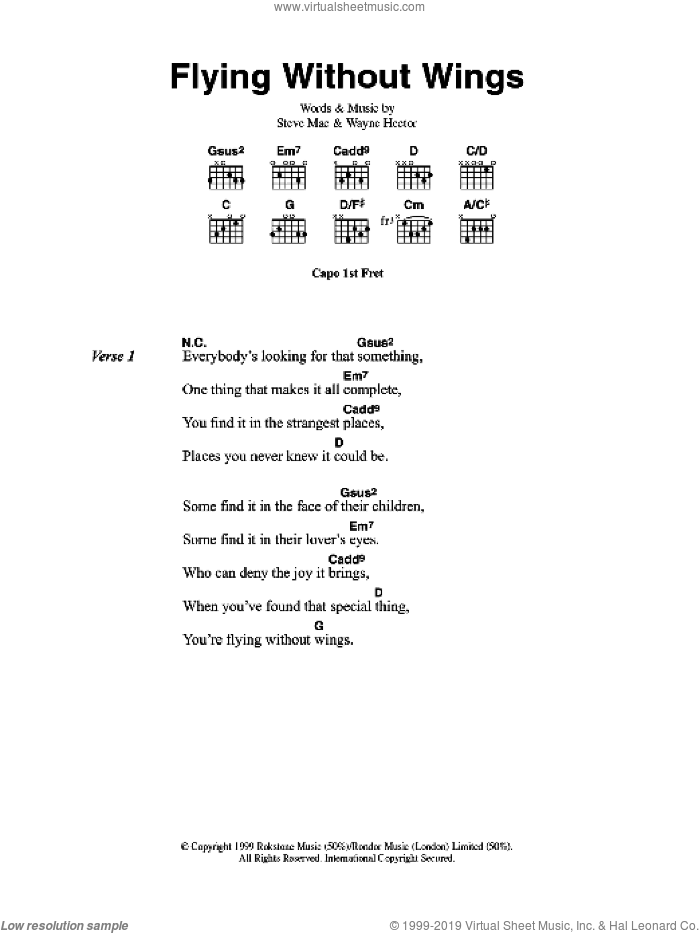 Flying Without Wings sheet music for guitar (chords) by Westlife, Steve Mac and Wayne Hector, intermediate skill level