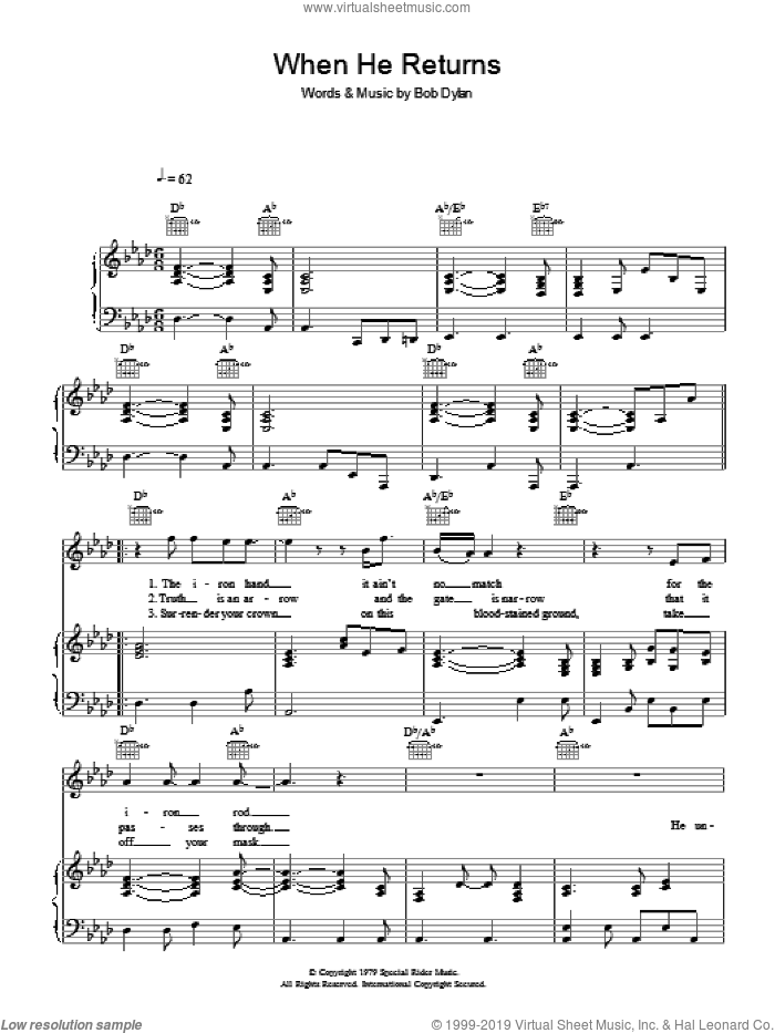 When He Returns sheet music for voice, piano or guitar by Bob Dylan, intermediate skill level