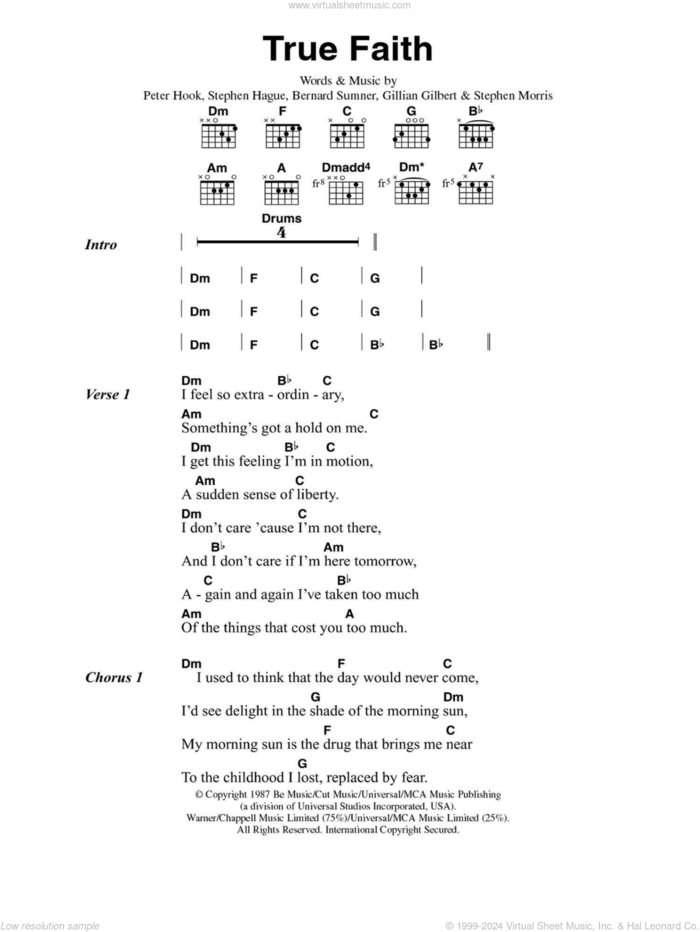 True Faith sheet music for guitar (chords) by New Order, Bernard Sumner, Gillian Gilbert, Peter Hook, Stephen Hague and Stephen Morris, intermediate skill level