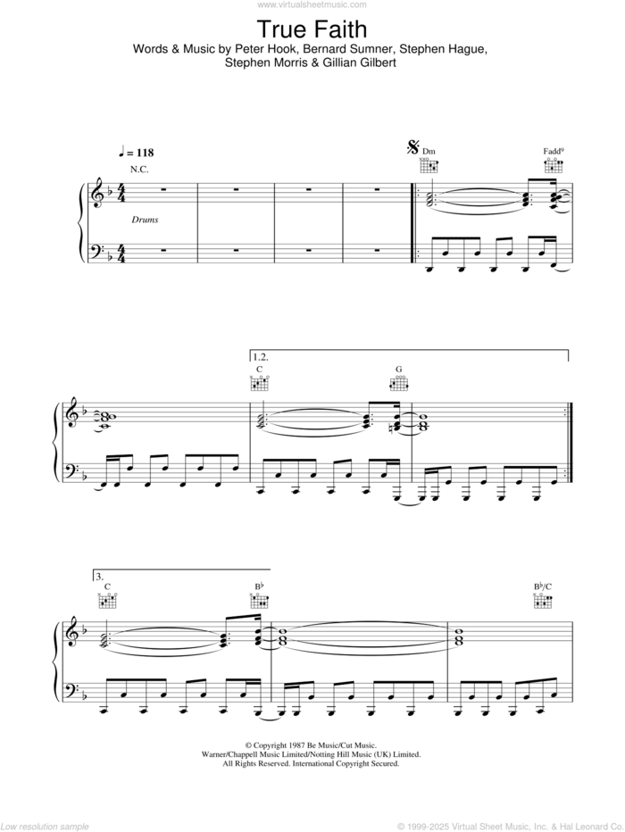 True Faith sheet music for voice, piano or guitar by New Order, Bernard Sumner, Gillian Gilbert, Peter Hook, Stephen Hague and Stephen Morris, intermediate skill level