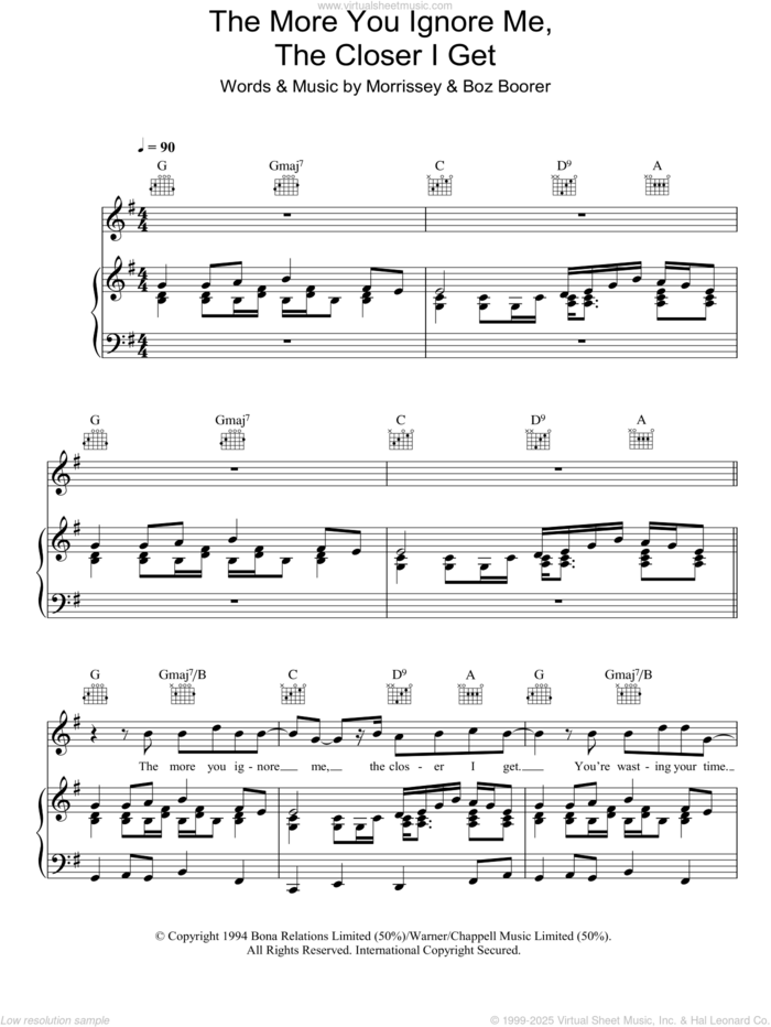 The More You Ignore Me, The Closer I Get sheet music for voice, piano or guitar by Steven Morrissey and Boz Boorer, intermediate skill level