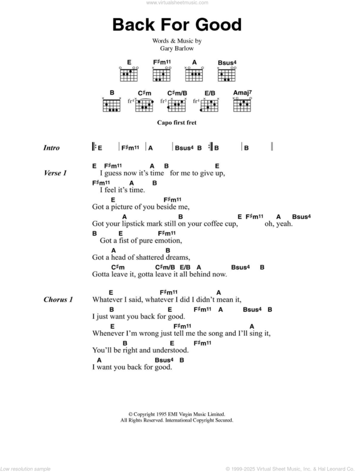 Back For Good sheet music for guitar (chords) by Take That and Gary Barlow, intermediate skill level