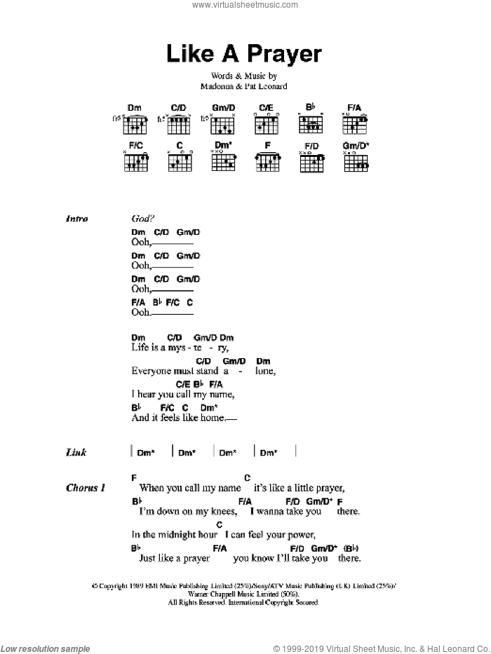 Like A Prayer sheet music for guitar (chords) by Madonna and Patrick Leonard, intermediate skill level