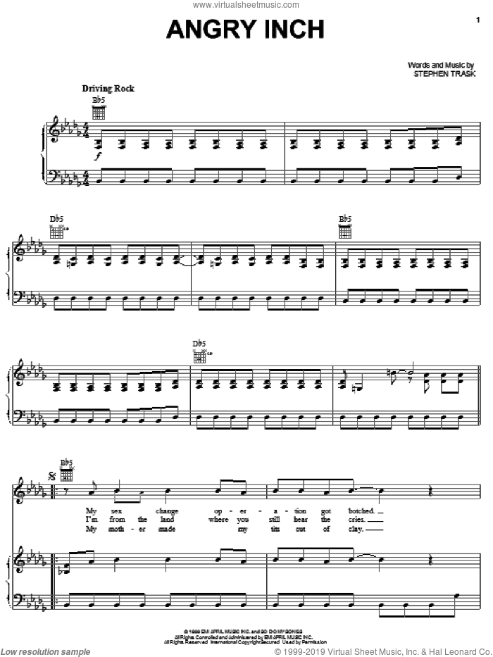 Angry Inch sheet music for voice, piano or guitar by Stephen Trask, intermediate skill level