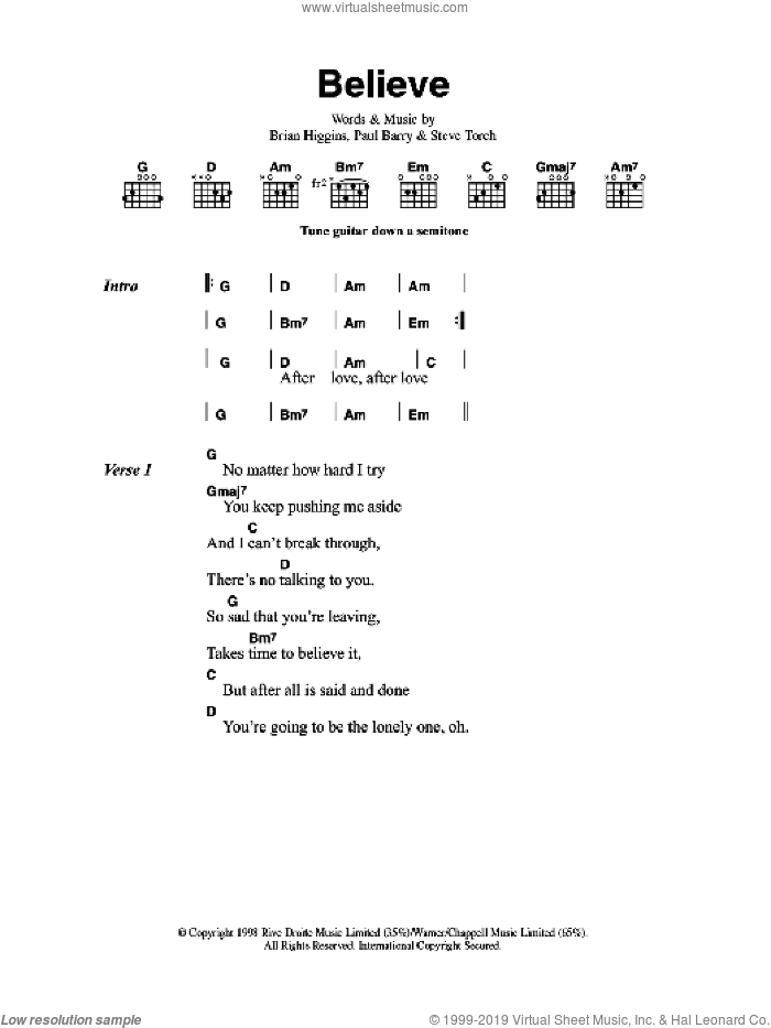 Believe sheet music for guitar (chords) by Cher, Brian Higgins, Paul Barry and Steve Torch, intermediate skill level