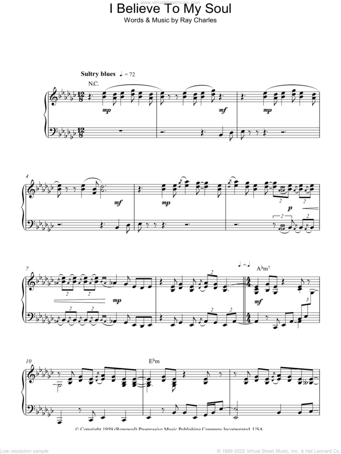 I Believe To My Soul sheet music for piano solo by Ray Charles, intermediate skill level