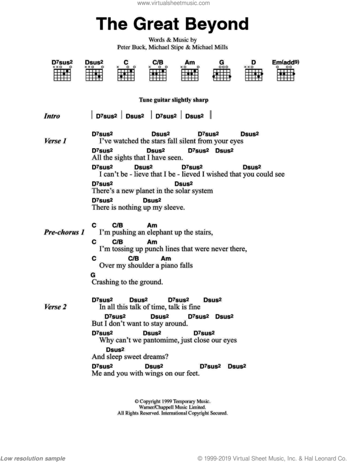 The Great Beyond sheet music for guitar (chords) by R.E.M., Michael Stipe, Mike Mills and Peter Buck, intermediate skill level