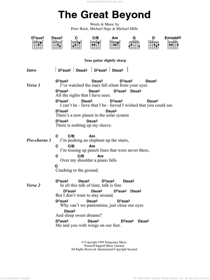 The Great Beyond sheet music for guitar (chords) by R.E.M., Michael Stipe, Mike Mills and Peter Buck, intermediate skill level