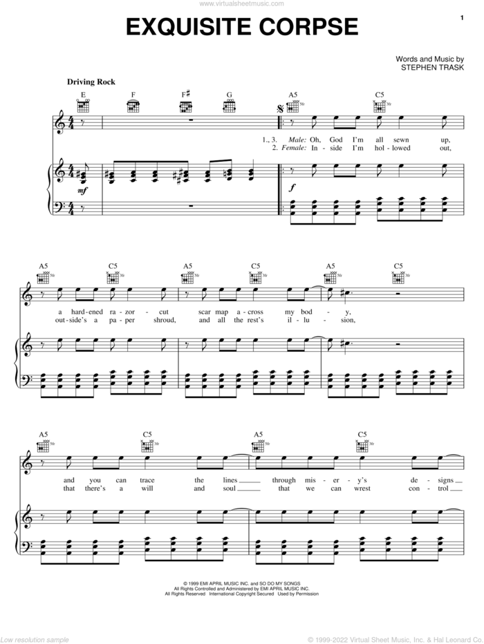Exquisite Corpse sheet music for voice, piano or guitar by Stephen Trask, intermediate skill level