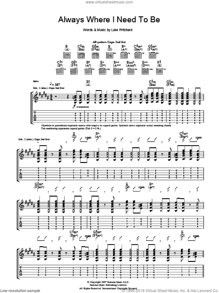Always Where I Need To Be sheet music for guitar (tablature) by The Kooks and Luke Pritchard, intermediate skill level