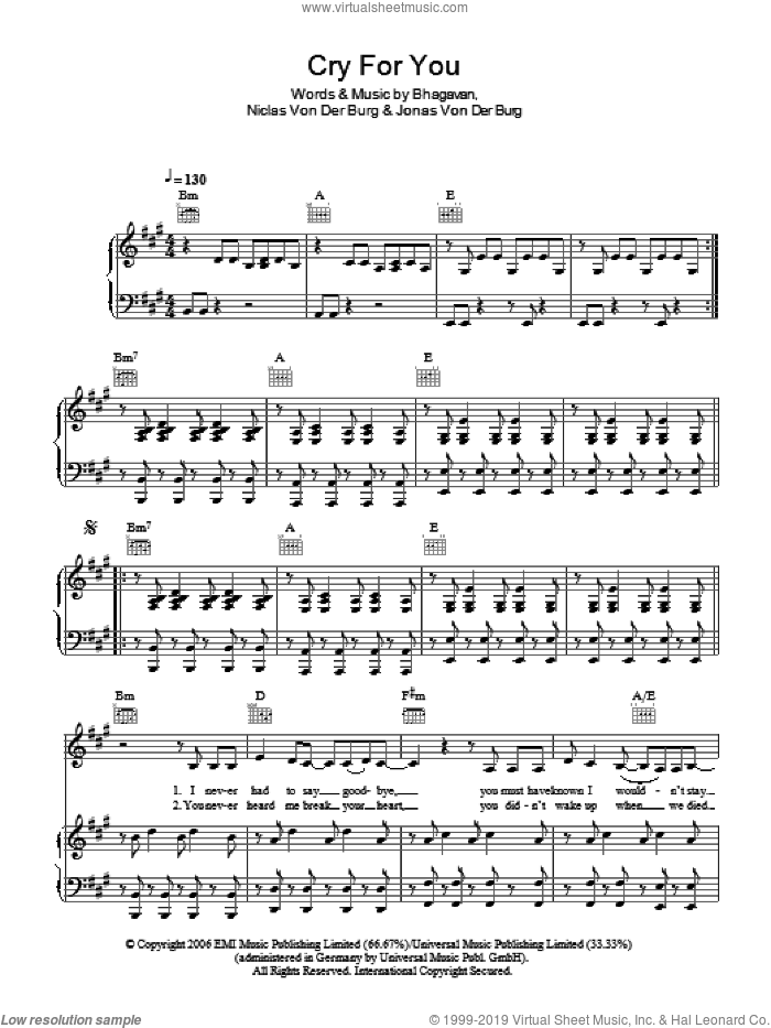 Cry For You sheet music for voice, piano or guitar by September, Bhagavan and Jonas Von Der Burg, intermediate skill level