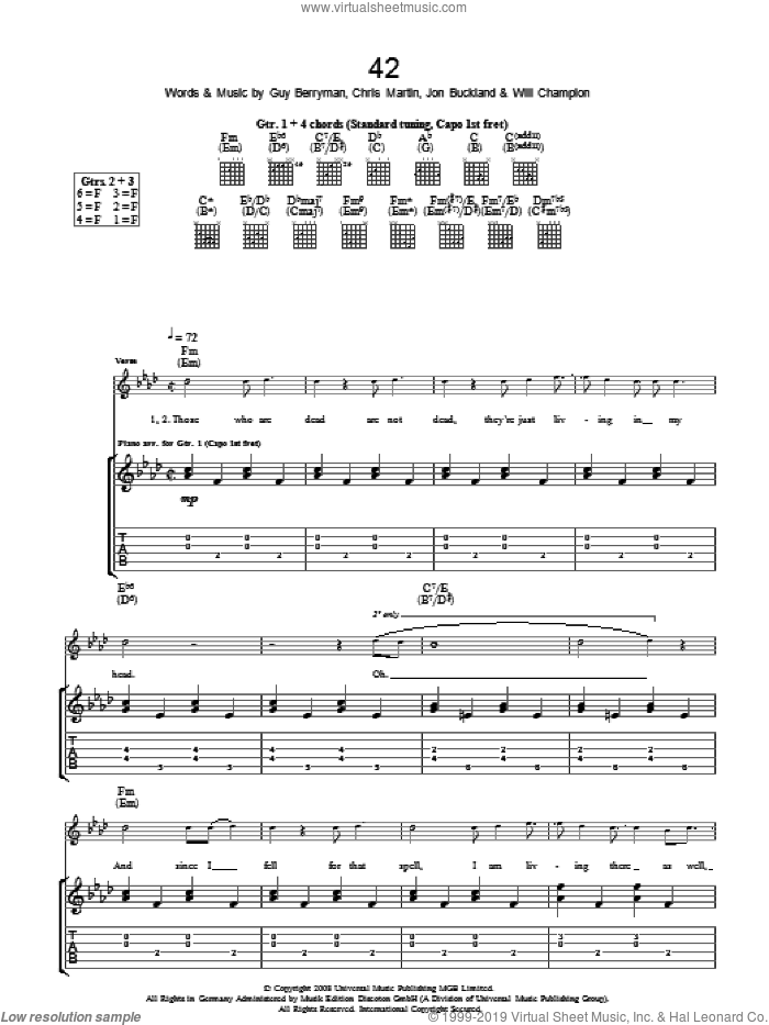 42 sheet music for guitar (tablature) by Coldplay, Chris Martin, Guy Berryman, Jon Buckland, Jon Hopkins and Will Champion, intermediate skill level
