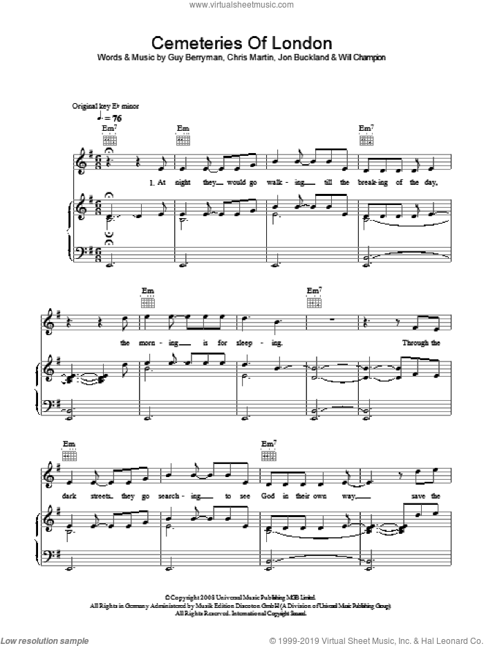 Cemeteries Of London sheet music for voice, piano or guitar by Coldplay, Chris Martin, Guy Berryman, Jon Buckland, Jon Hopkins and Will Champion, intermediate skill level