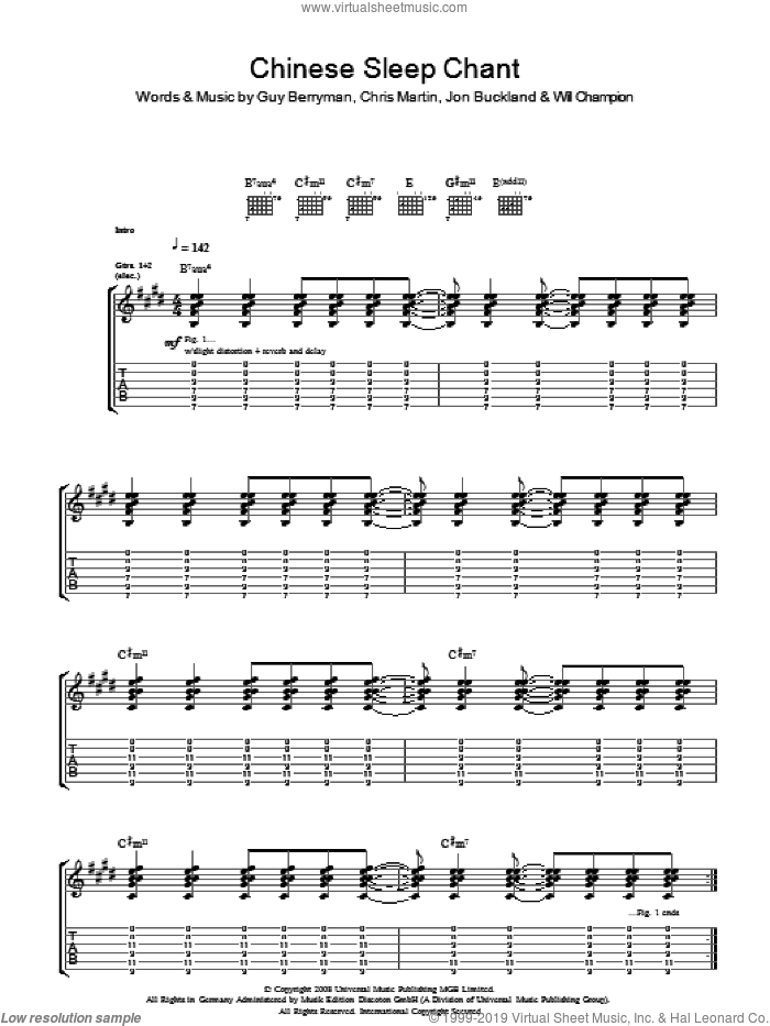 Chinese Sleep Chant sheet music for guitar (tablature) by Coldplay, Chris Martin, Guy Berryman, Jon Buckland, Jon Hopkins and Will Champion, intermediate skill level