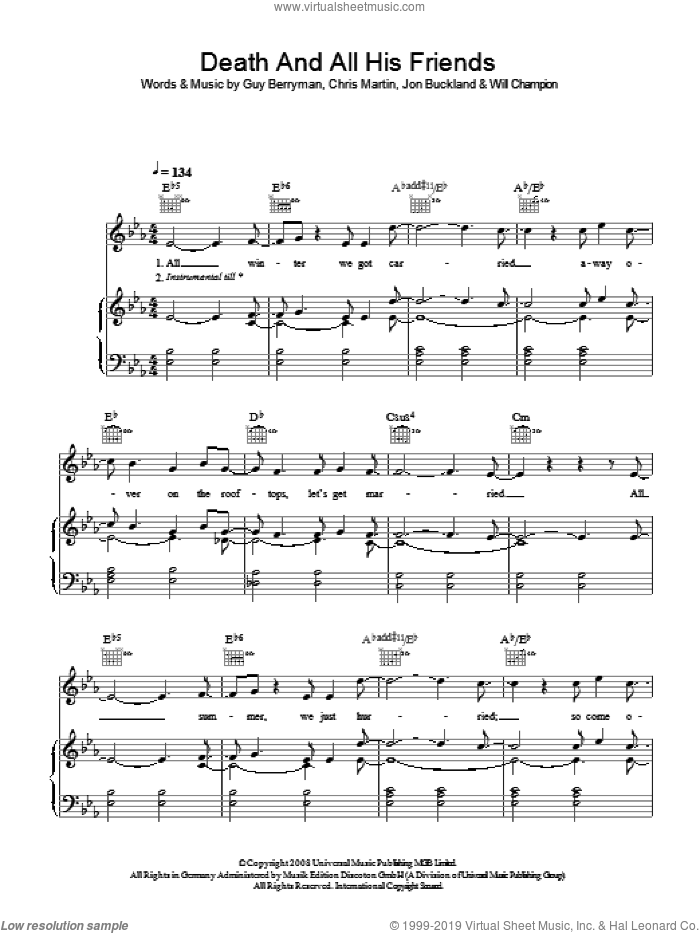 Death And All His Friends sheet music for voice, piano or guitar by Coldplay, Chris Martin, Guy Berryman, Jon Buckland, Jon Hopkins and Will Champion, intermediate skill level