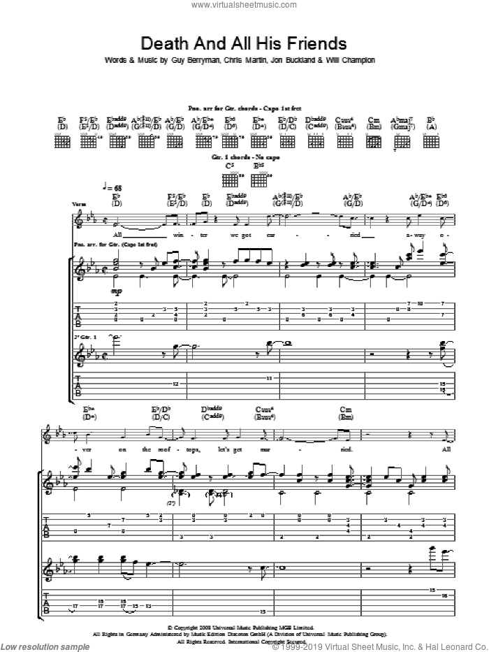 Death And All His Friends sheet music for guitar (tablature) by Coldplay, Chris Martin, Guy Berryman, Jon Buckland, Jon Hopkins and Will Champion, intermediate skill level