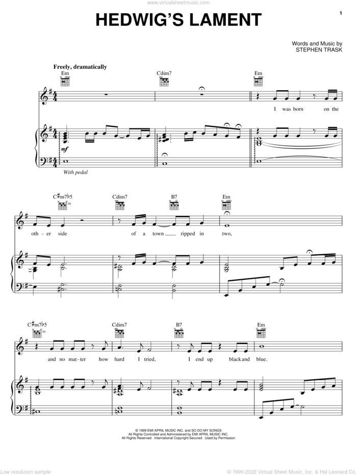 Hedwig's Lament sheet music for voice, piano or guitar by Stephen Trask, intermediate skill level