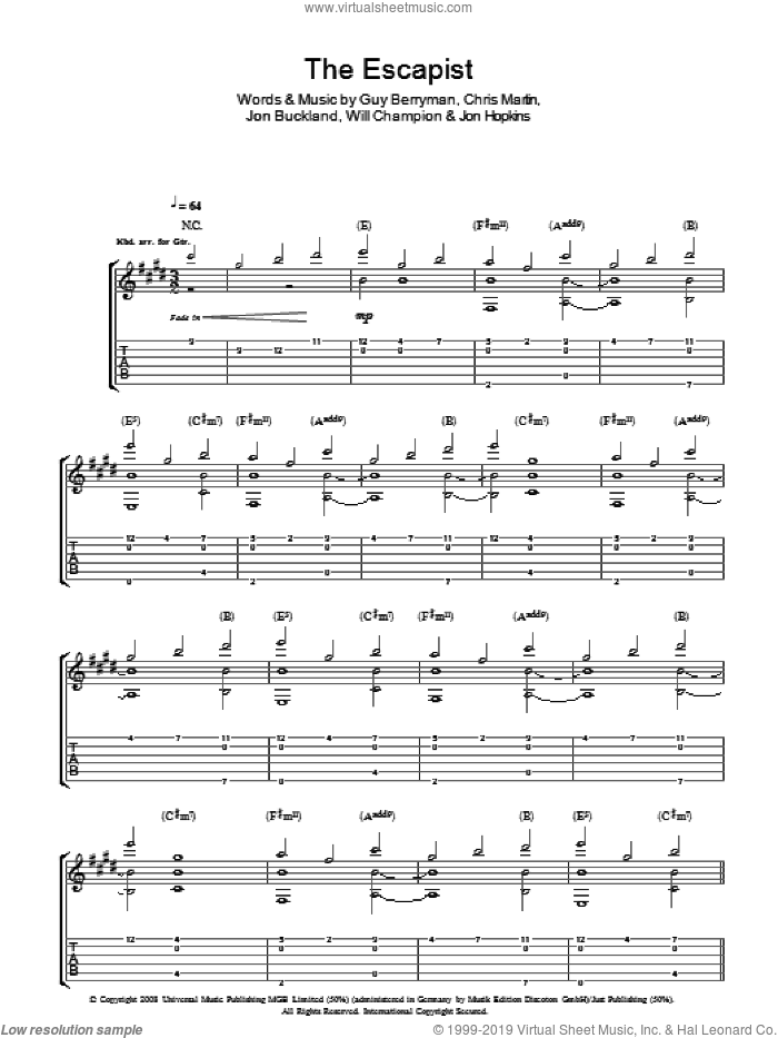 The Escapist sheet music for guitar (tablature) by Coldplay, Chris Martin, Guy Berryman, Jon Buckland, Jon Hopkins and Will Champion, intermediate skill level