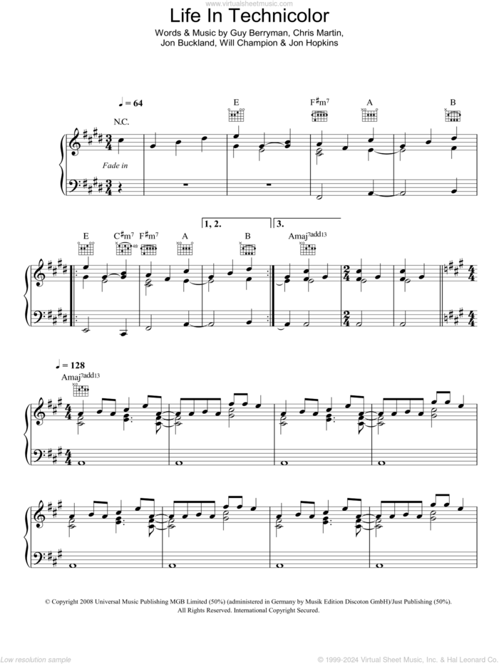 Life In Technicolor sheet music for piano solo by Coldplay, Chris Martin, Guy Berryman, Jon Buckland, Jon Hopkins and Will Champion, intermediate skill level