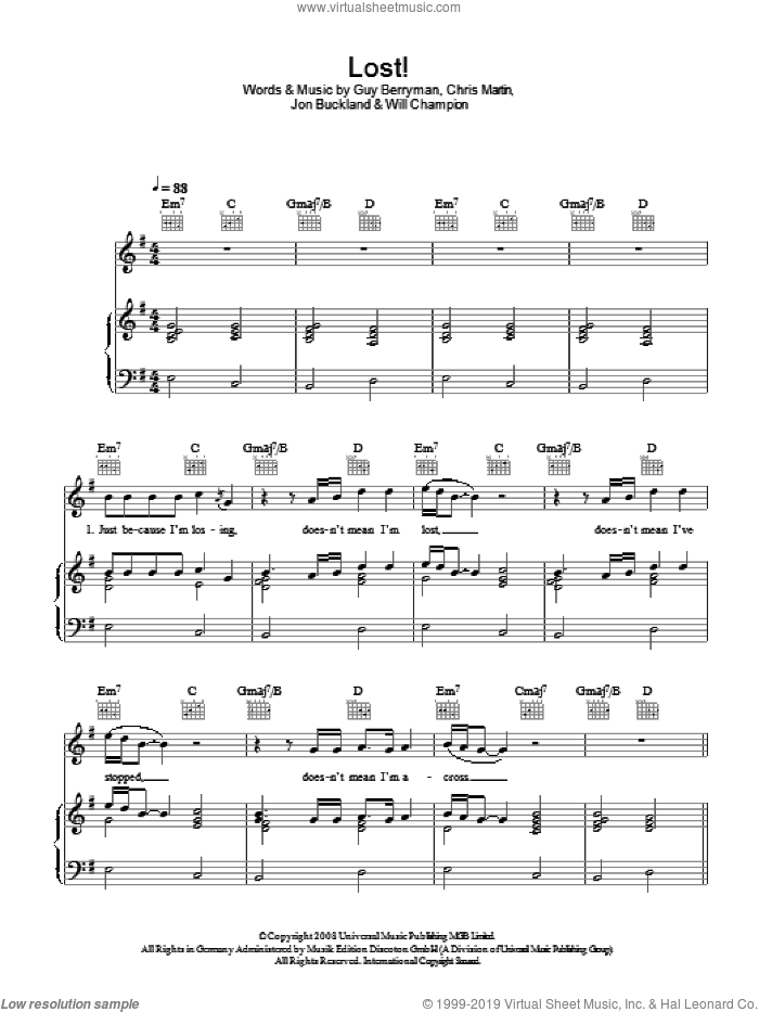 Lost! sheet music for voice, piano or guitar by Coldplay, Chris Martin, Guy Berryman, Jon Buckland, Jon Hopkins and Will Champion, intermediate skill level