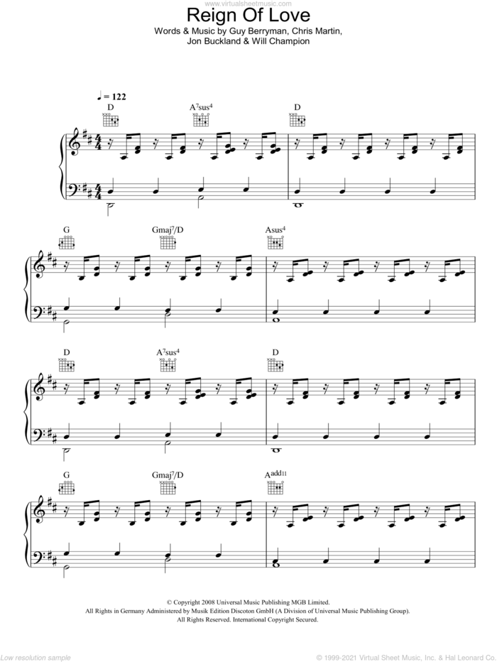 Reign Of Love sheet music for voice, piano or guitar by Coldplay, Chris Martin, Guy Berryman, Jon Buckland and Will Champion, intermediate skill level
