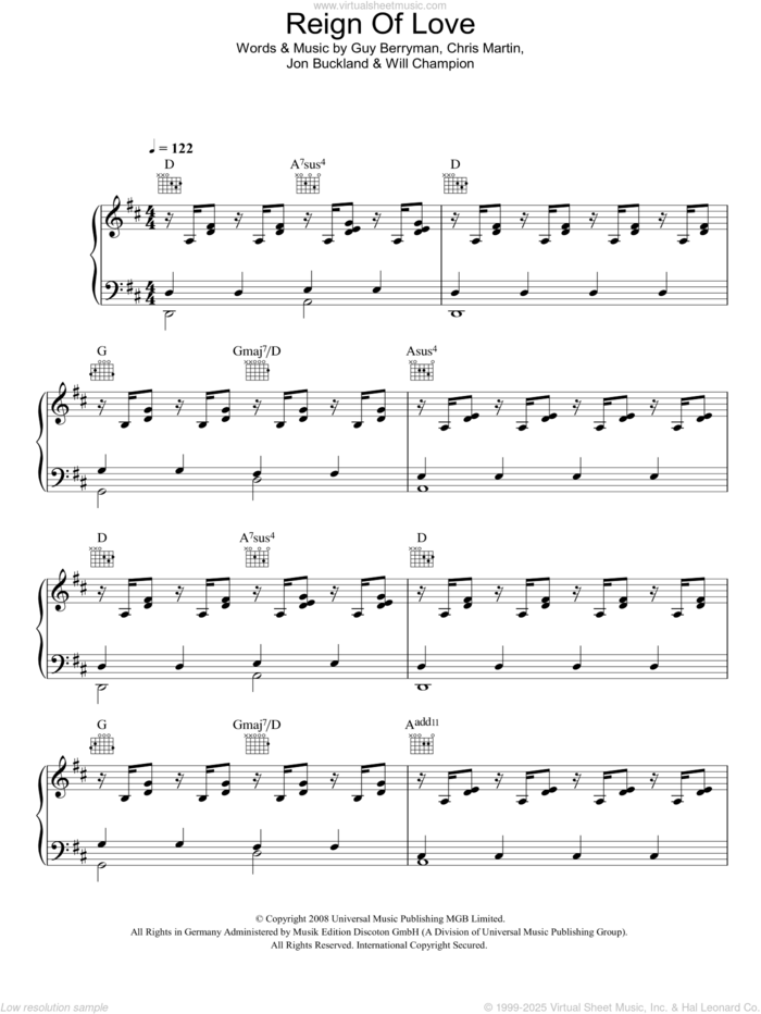 Reign Of Love sheet music for voice, piano or guitar by Coldplay, Chris Martin, Guy Berryman, Jon Buckland and Will Champion, intermediate skill level