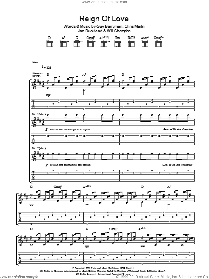 Reign Of Love sheet music for guitar (tablature) by Coldplay, Chris Martin, Guy Berryman, Jon Buckland and Will Champion, intermediate skill level
